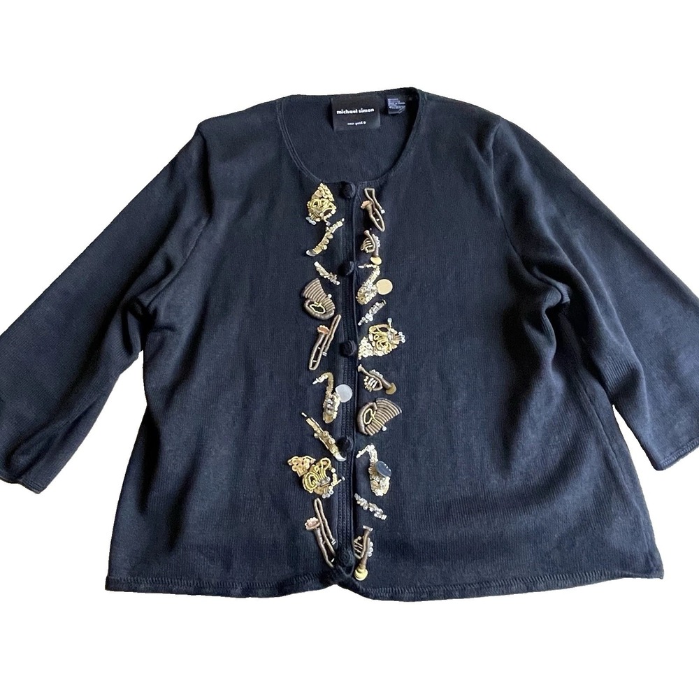 VTG Michael Simon Sweater Women's XL Black Cardigan Button Up Jazz Instruments